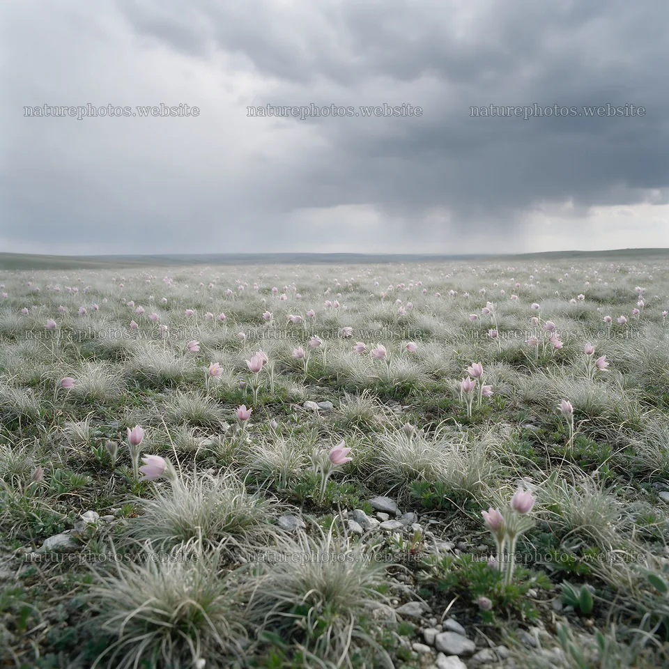 Cloudy dry flower meadow under gray sky – nature photos 7938x7938