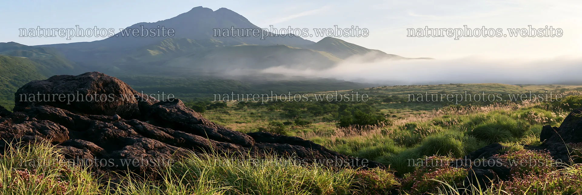 Kumamoto volcanic meadow dark rock foreground under morning light – nature photos 13690x4602
