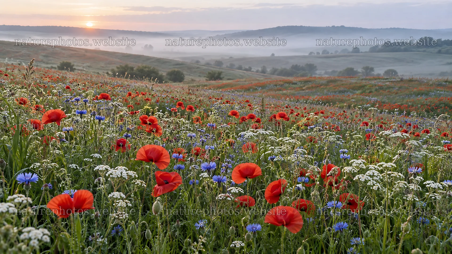 Morning Mist Over a Wildflower Meadow – nature photos 10324x5812