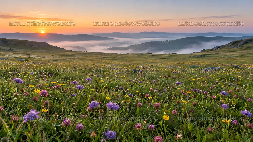 Wildflower Meadow Above a Misty Valley at Sunrise – nature photos 10324x5812