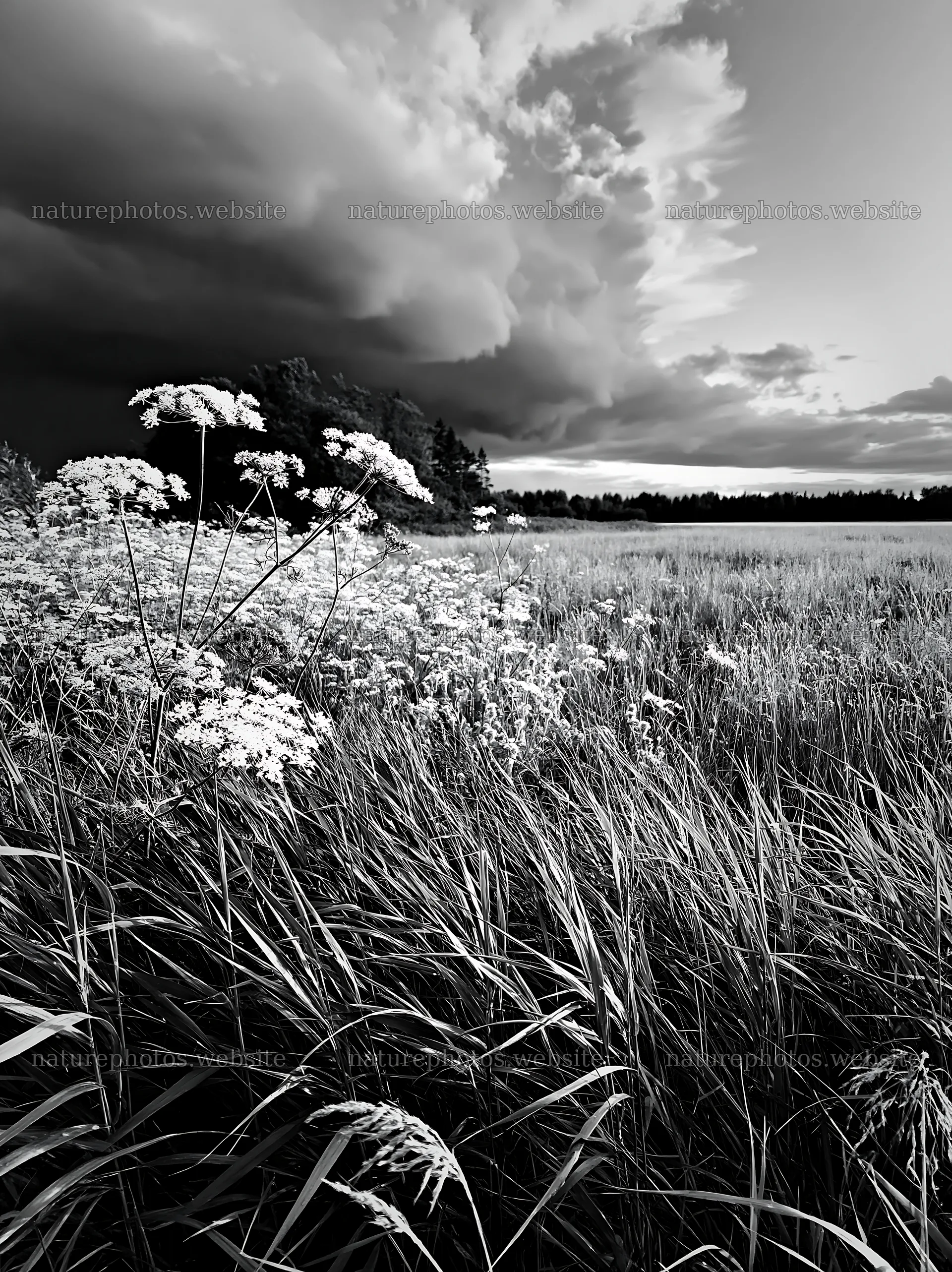 Saga floodplain meadow with reeds and flowers under cloudy sky – nature photos 6866x9174