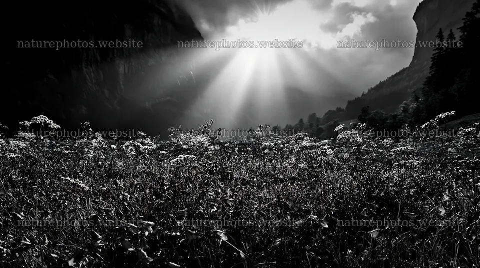 Lauterbrunnen Valley meadow with light rays shining through clouds – nature photos 10608x5938