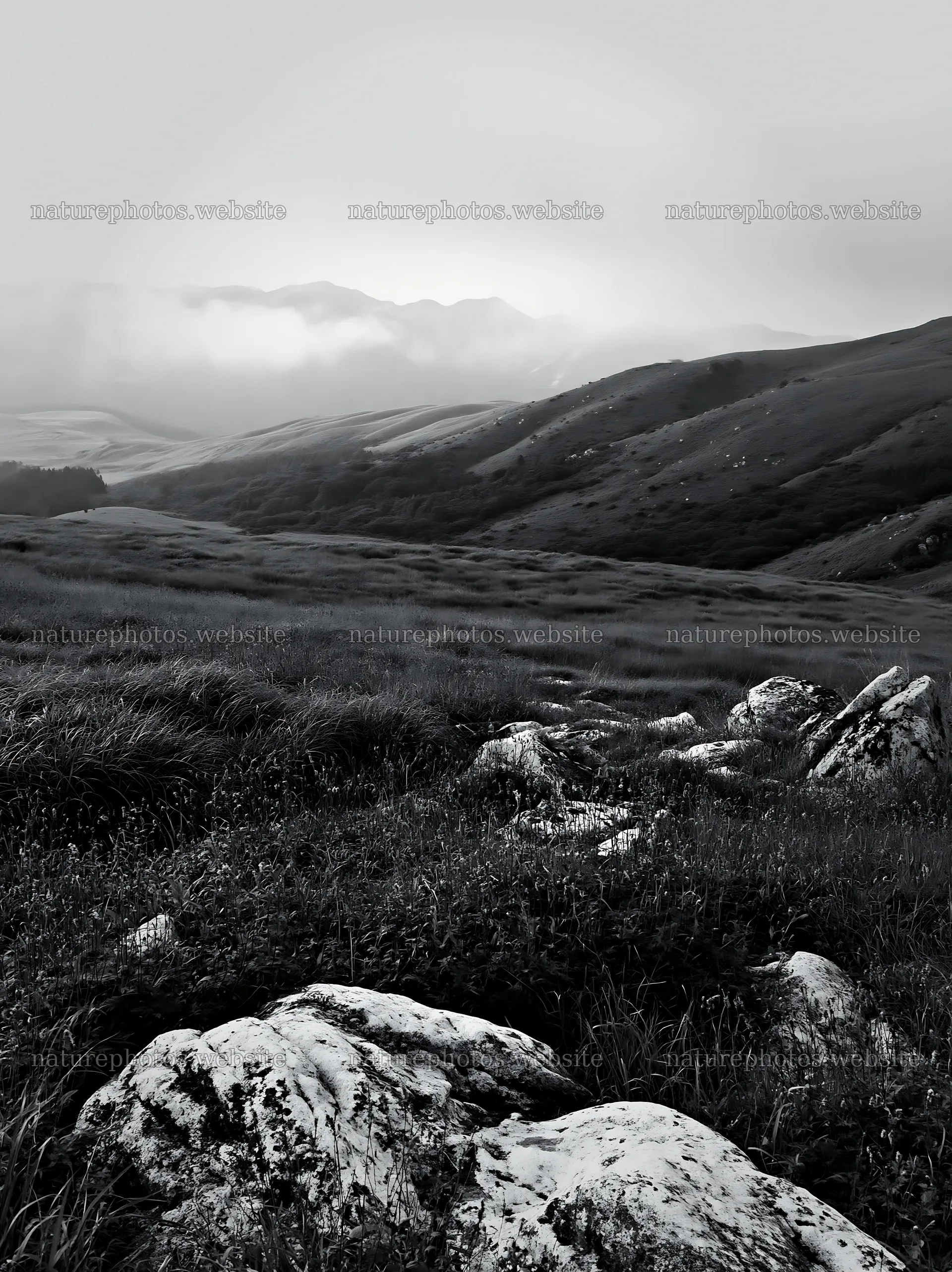Oita highland meadow with granite stones in black and white – nature photos 6866x9174