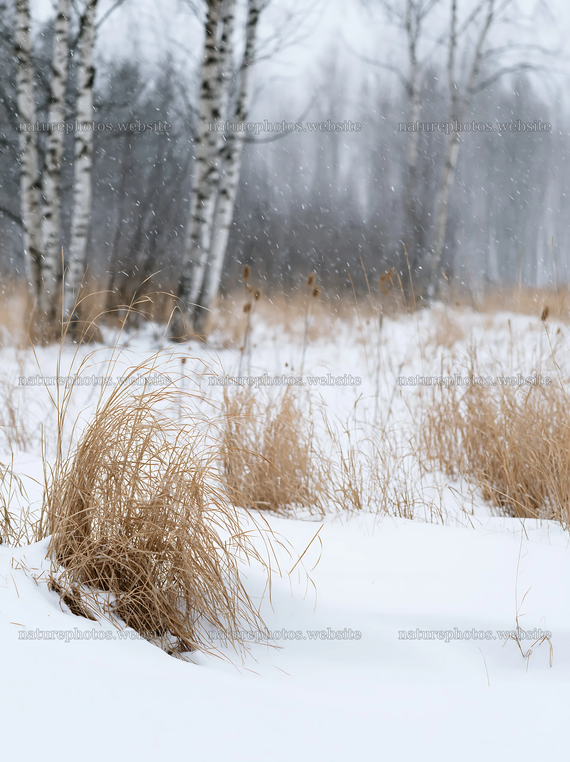 Snowbound meadow with tall grasses and falling snow – nature photos 6866x9174