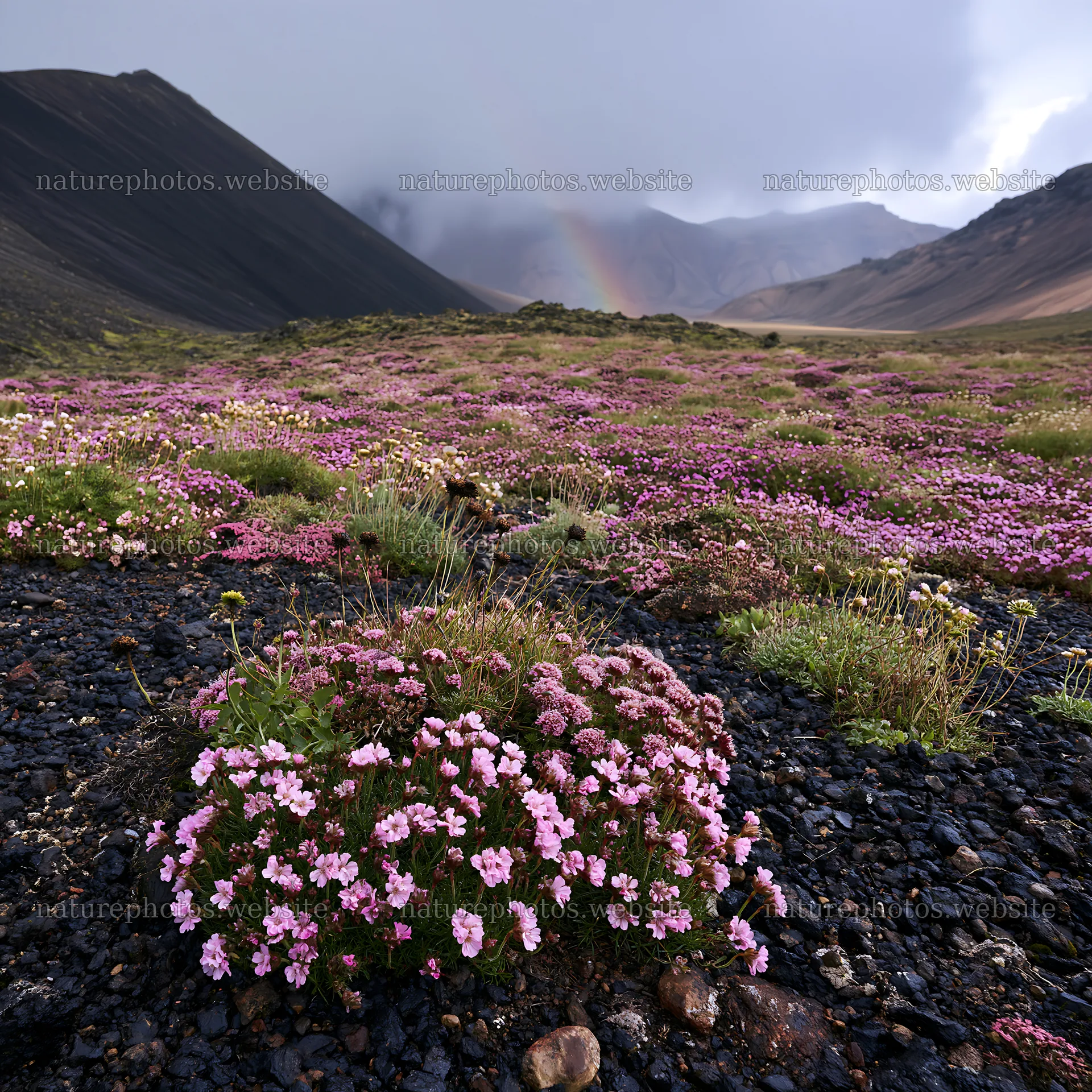 Mountains and meadow with pink flowers in a mountain pass – nature photos 7938x7938