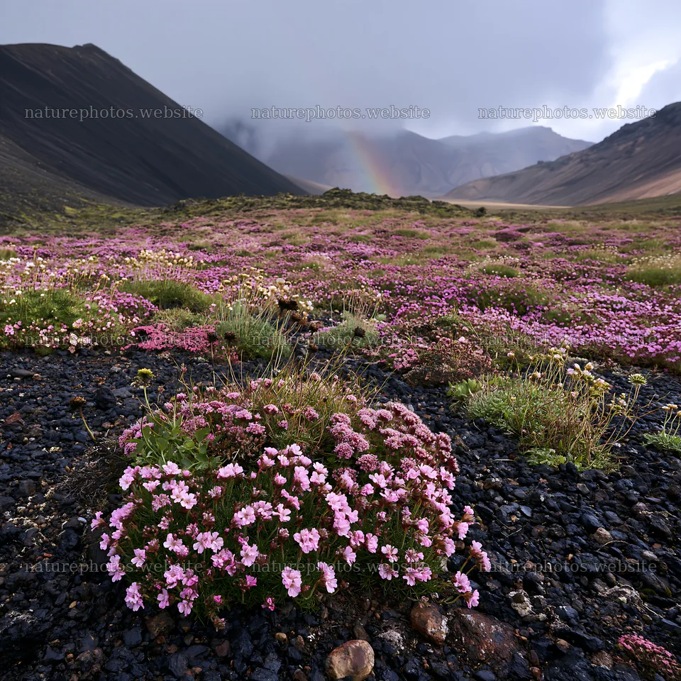 Mountains and meadow with pink flowers in a mountain pass – nature photos 7938x7938