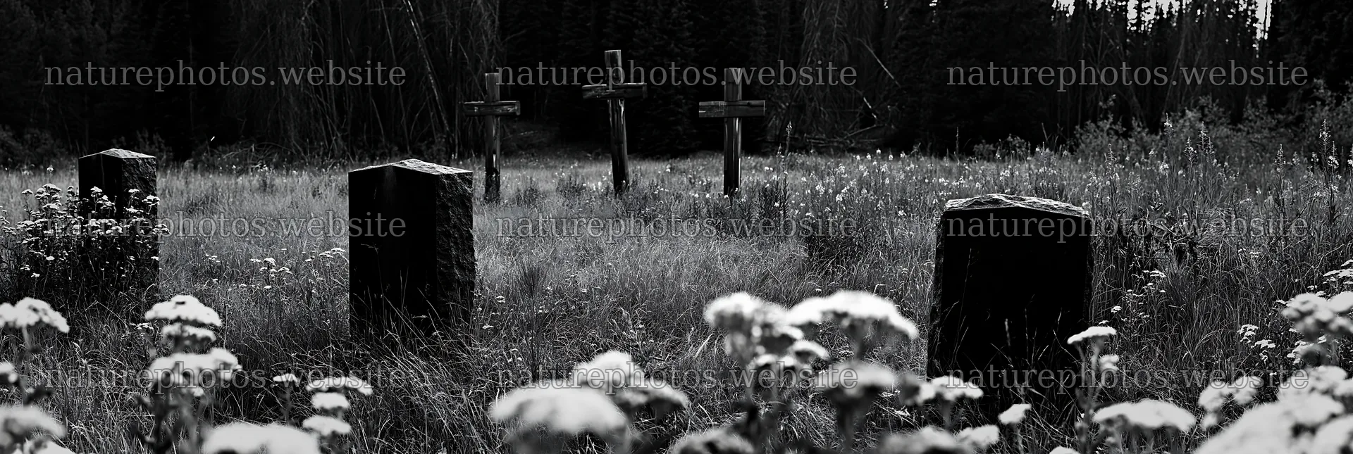 Christian crosses in mineral spring meadow with flowers – nature photos 13690x4602