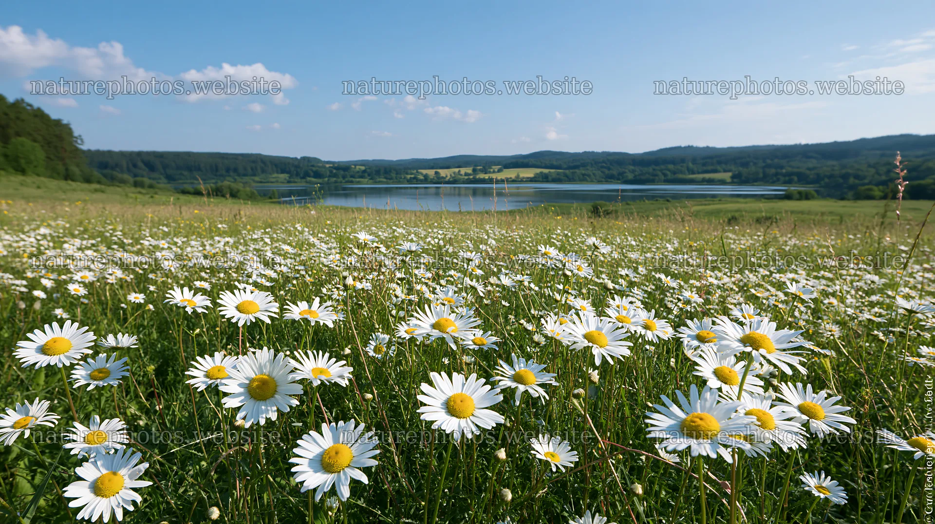 Lakeside meadow with daisies under clear blue sky – nature photos 10608x5938