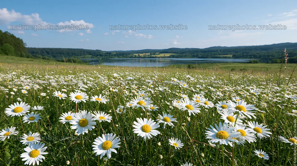 Lakeside meadow with daisies under clear blue sky – nature photos 10608x5938