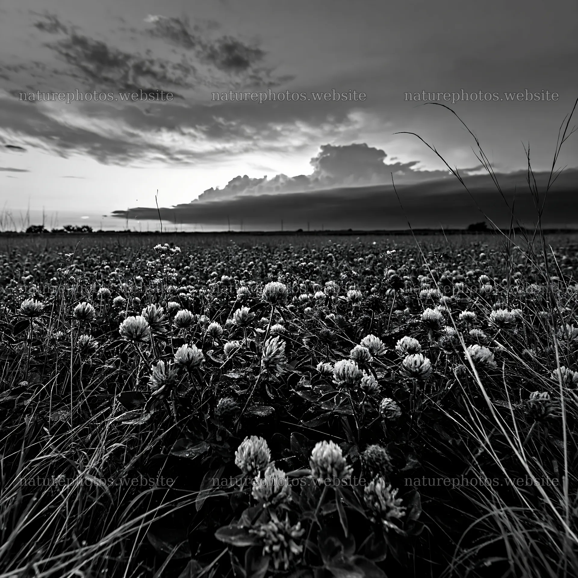 Clover meadow with dew under cloudy sky at dusk – nature photos 7938x7938