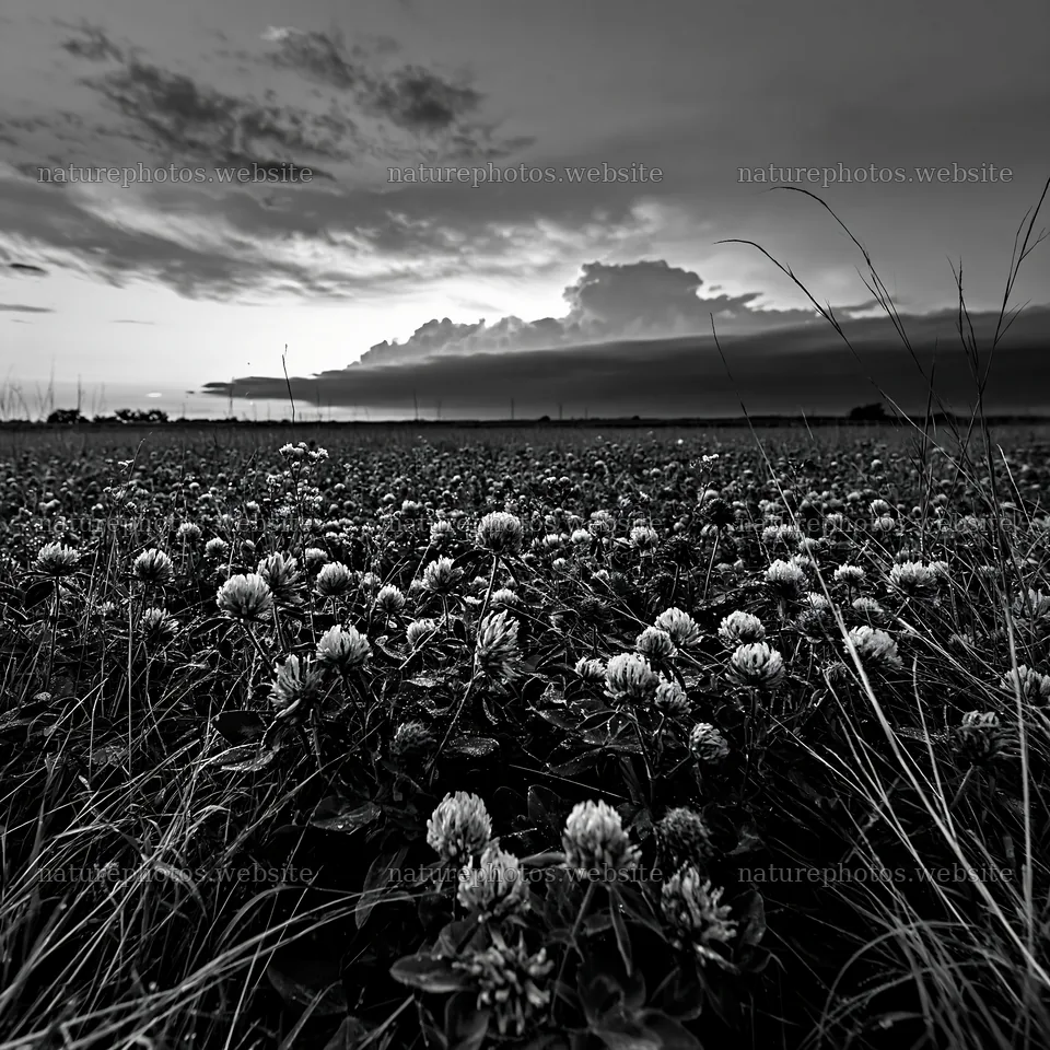 Clover meadow with dew under cloudy sky at dusk – nature photos 7938x7938
