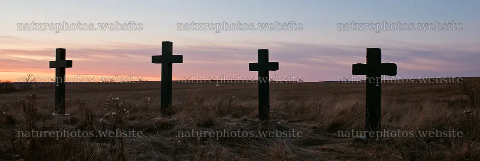 Four Christian crosses in a winter meadow at sunset – nature photos 13690x4602