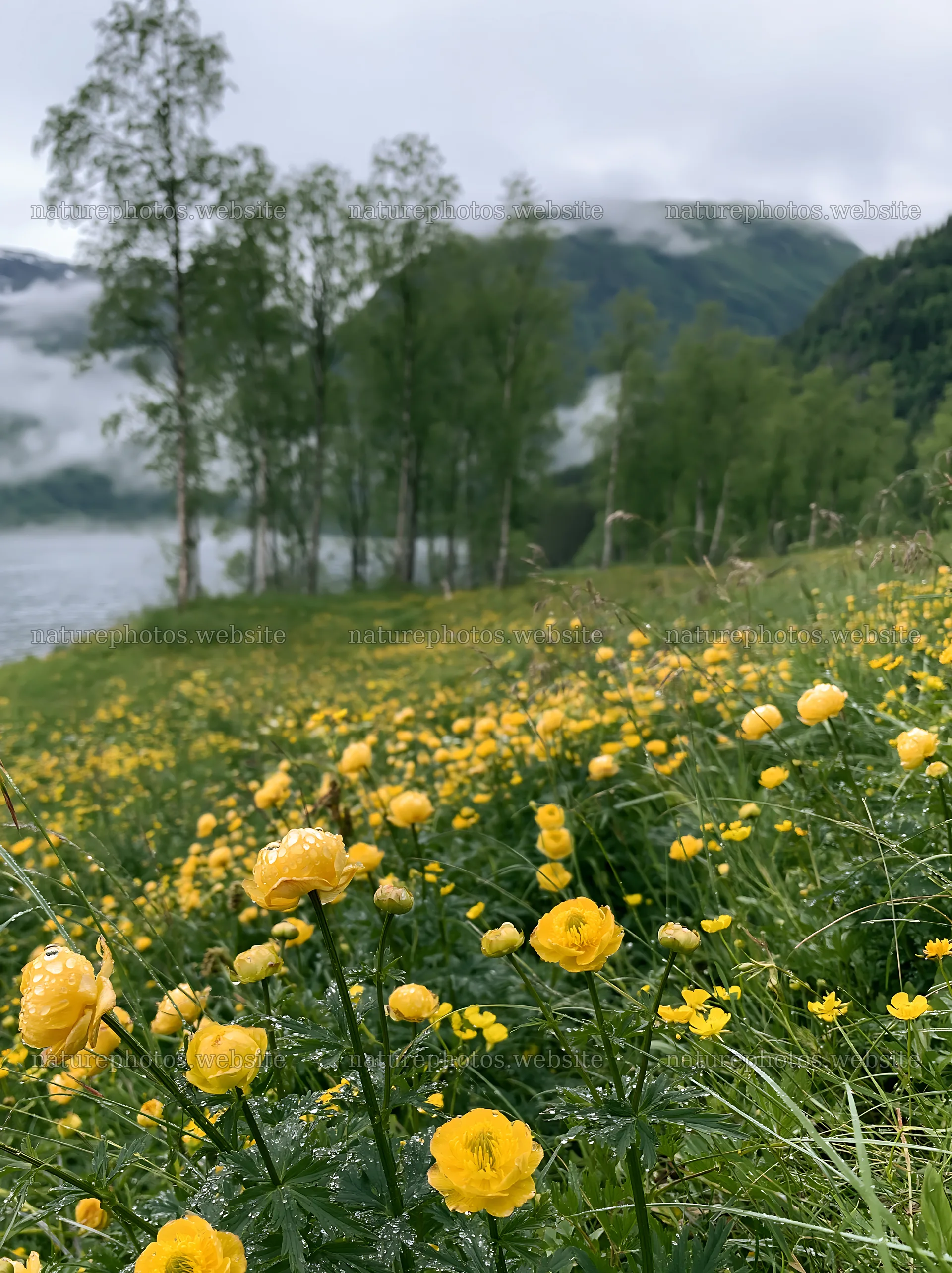 Fjord meadow with yellow flowers and misty mountains – nature photos 6866x9174