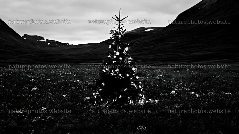 Christmas decorations near tree in mountain valley meadow – nature photos 10608x5938