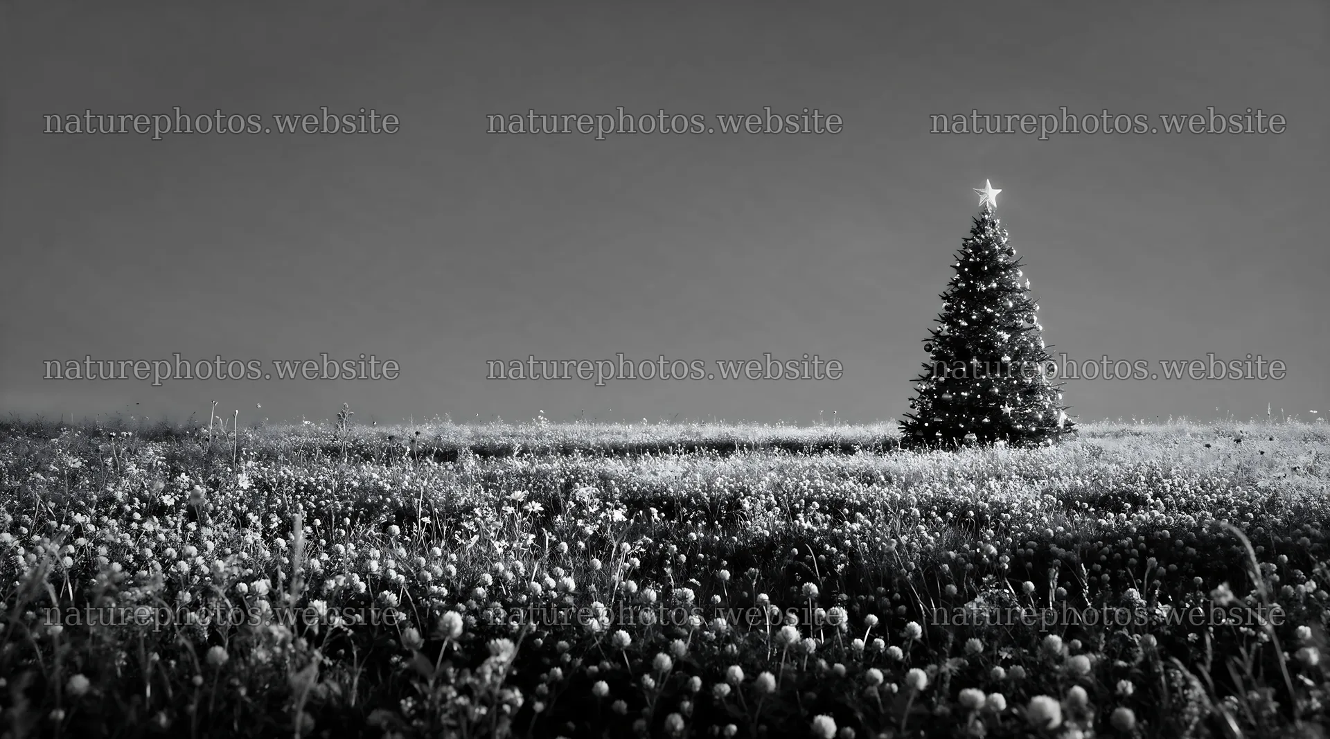 Vibrant Christmas tree at dusk in a meadow – nature photos 10648x5916