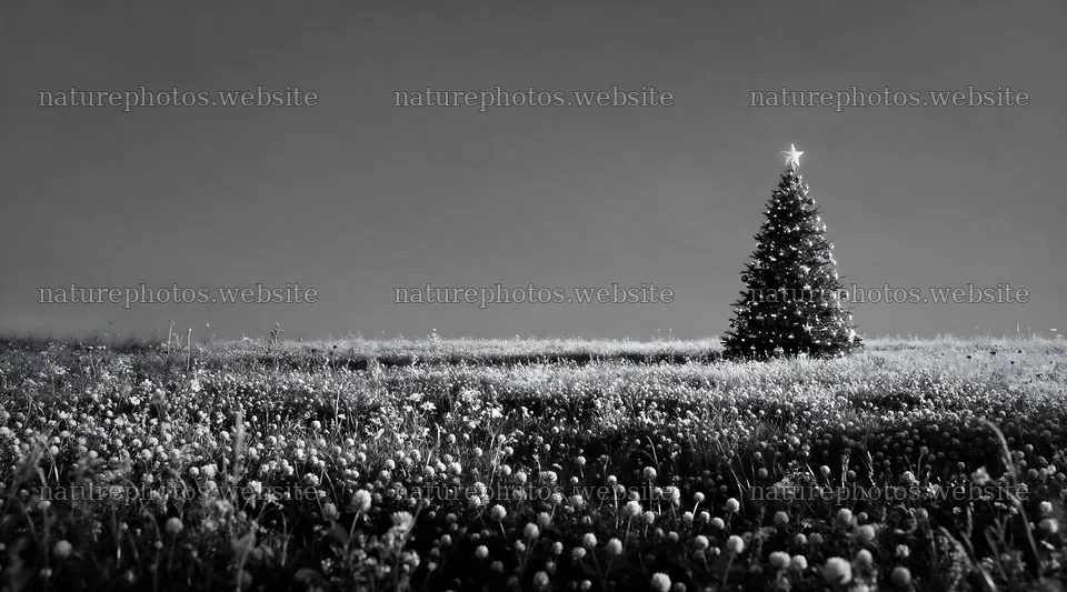 Vibrant Christmas tree at dusk in a meadow – nature photos 10648x5916