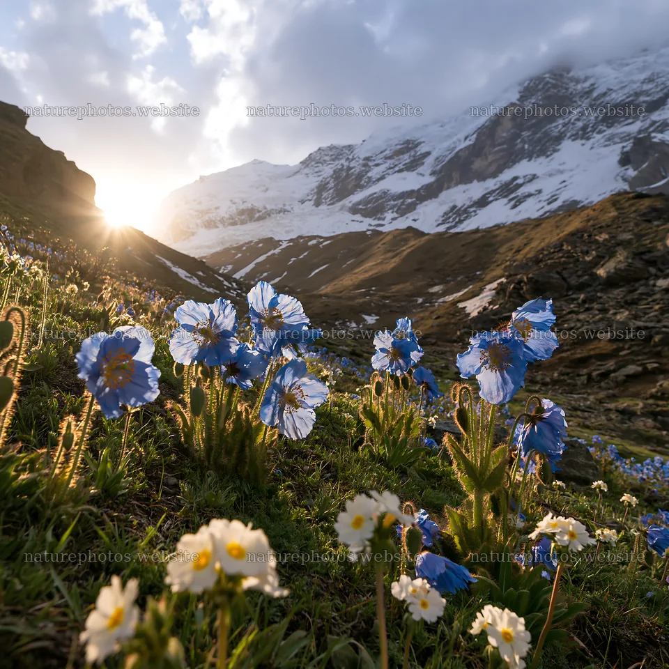 Mountain pass meadow with blue flowers and sunset – nature photos 7938x7938