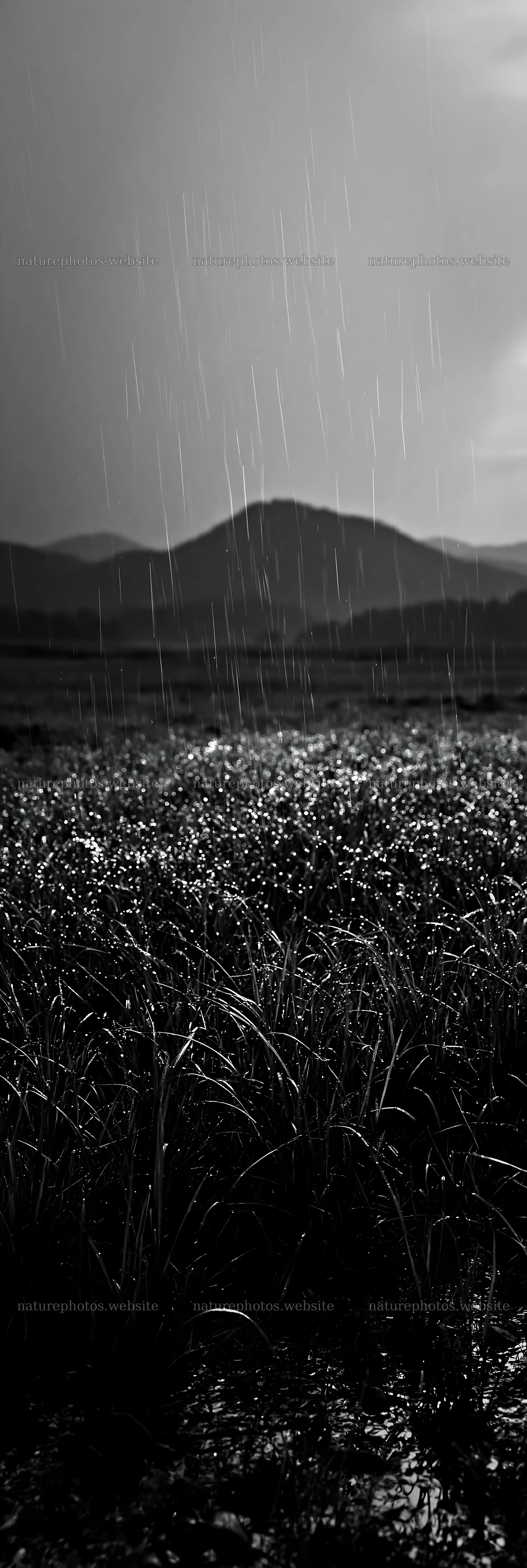 Niigata floodplain restoration meadow with dew in foreground – nature photos 4602x13690
