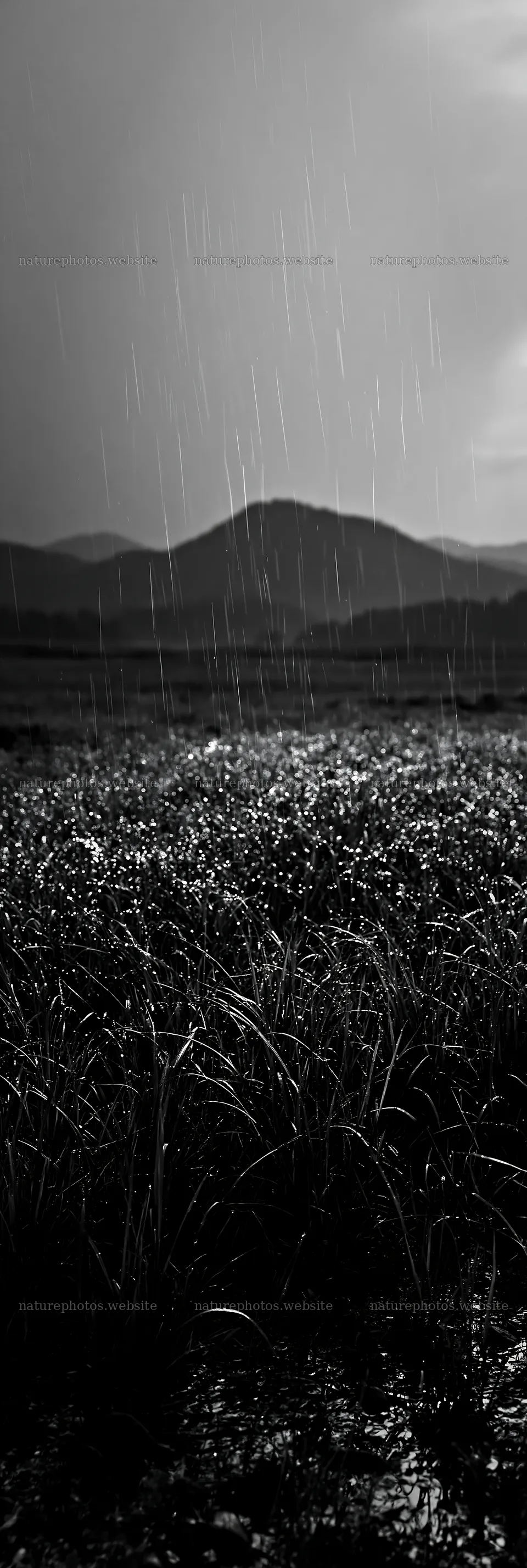 Niigata floodplain restoration meadow with dew in foreground – nature photos 4602x13690