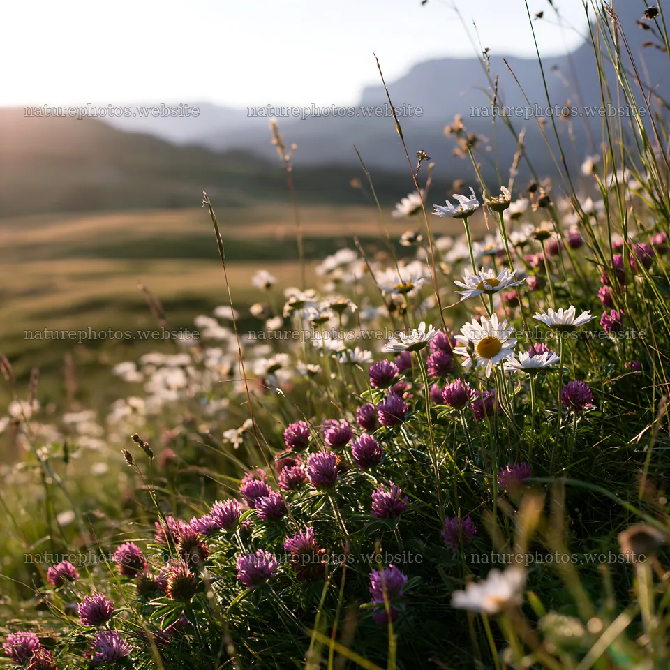 Alpe di Siusi meadow sunbeams and wildflowers in the morning – nature photos 7938x7938