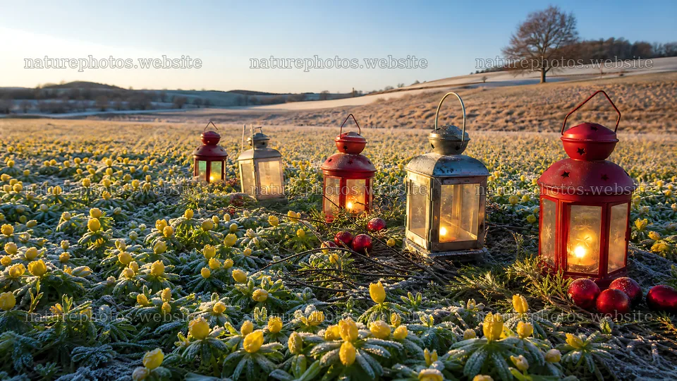 Vibrant lanterns in a winter meadow at dusk – nature photos 10584x5952