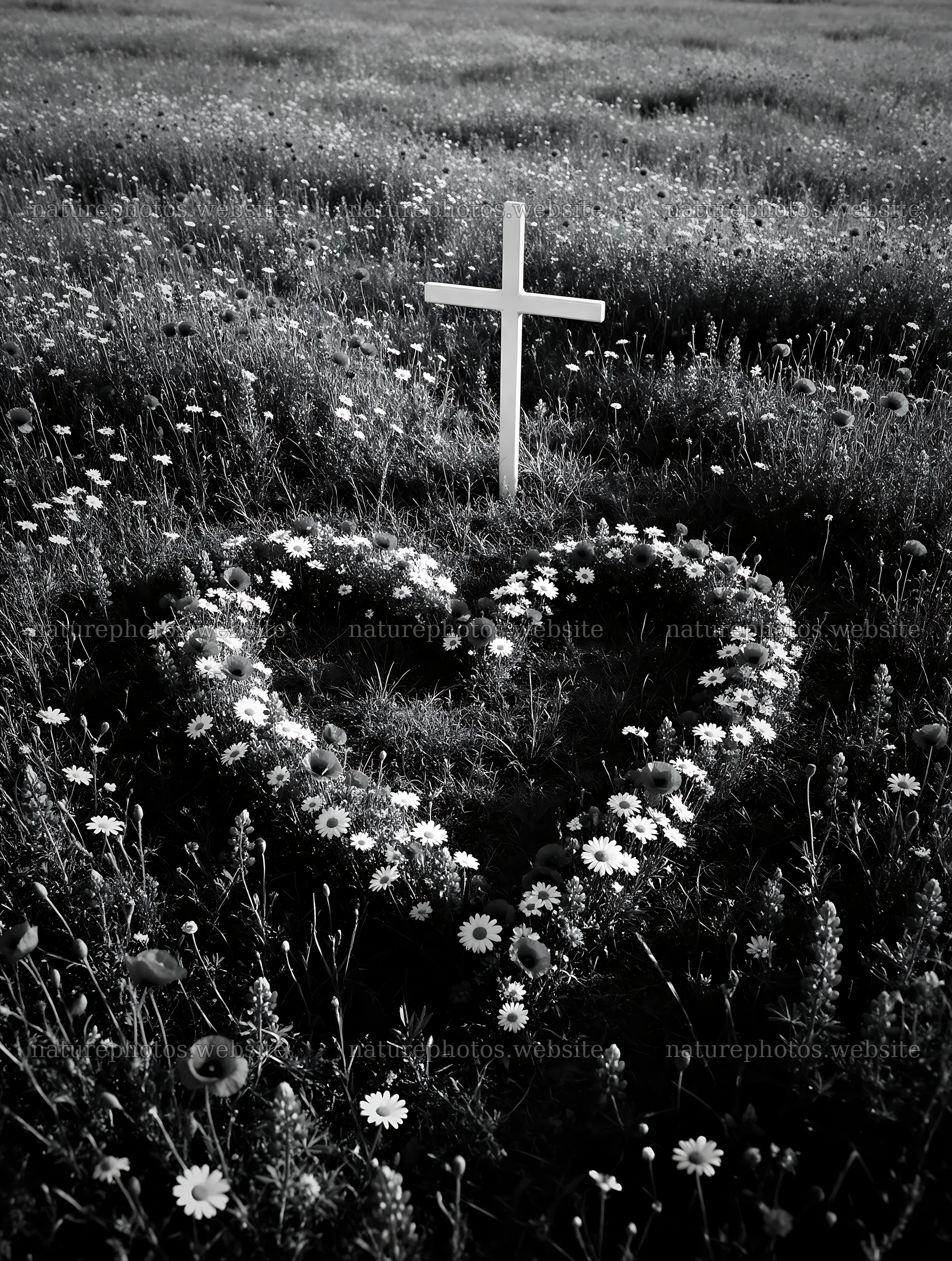 White Christian cross in wildflower meadow with heart shape – nature photos 6898x9134