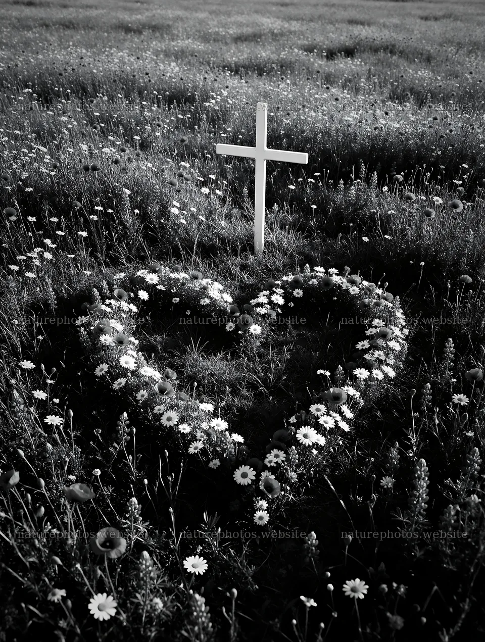 White Christian cross in wildflower meadow with heart shape – nature photos 6898x9134