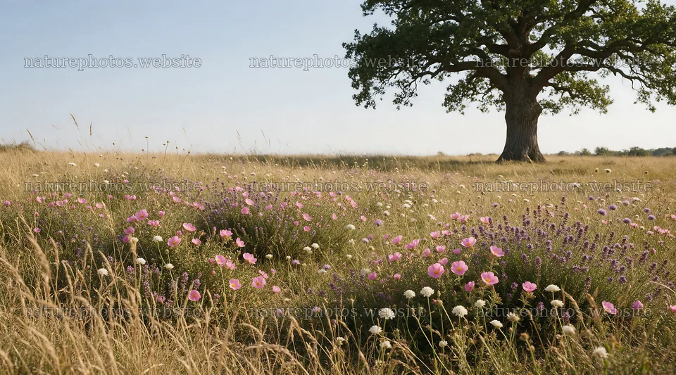 Sunny meadow with wildflowers and a tree – nature photos 10648x5916