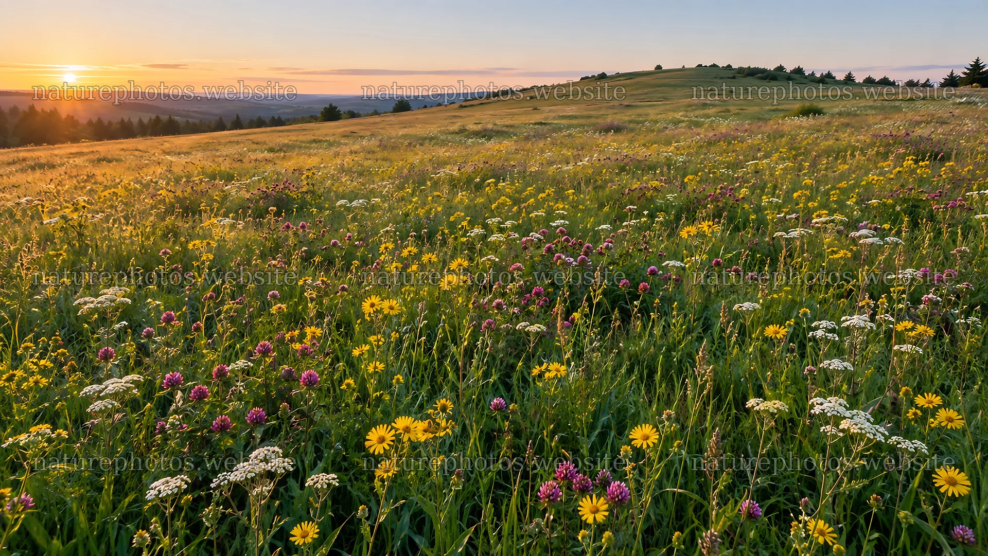 Wildflower Meadow on a Rolling Hillside at Sunset – nature photos 10324x5812