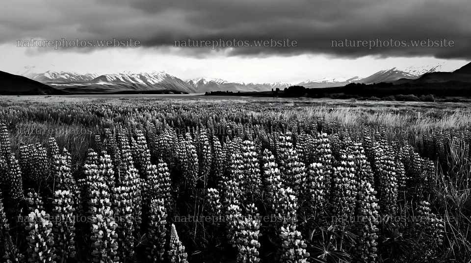 Lupins in a meadow with snowy Alps at Lake Tekapo – nature photos 10608x5938