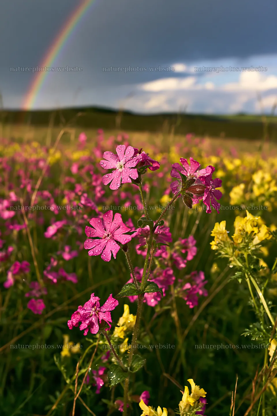 Meadow with campion flowers under a rainbow – nature photos 6480x9722