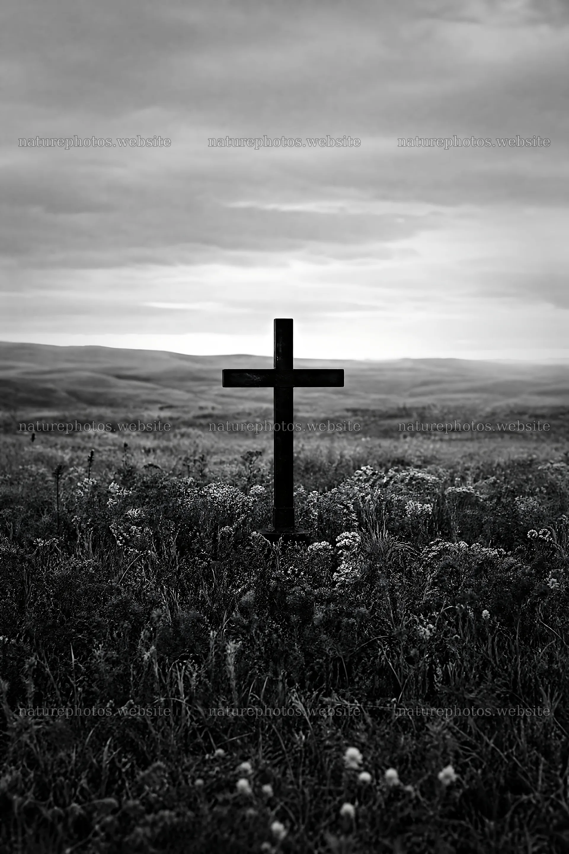 Christian cross in autumn meadow with copper light – nature photos 6480x9722