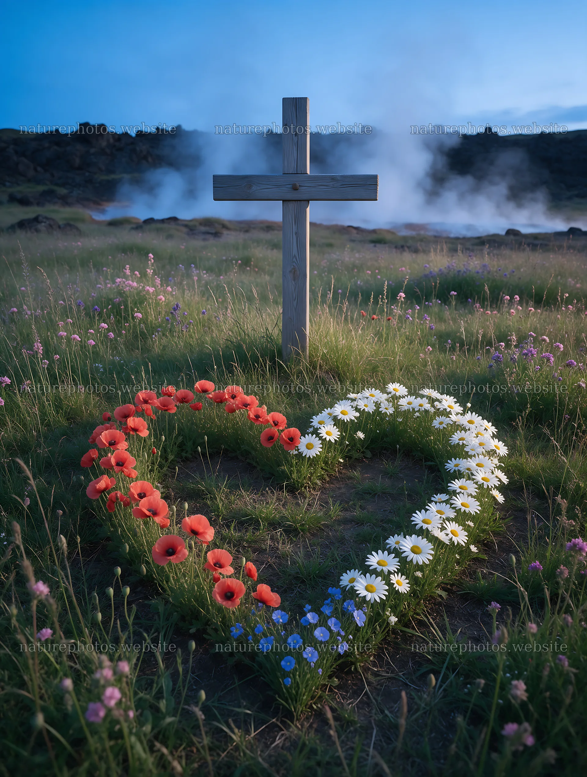 Wooden Christian cross surrounded by flowers in hot spring meadow – nature photos 6898x9134