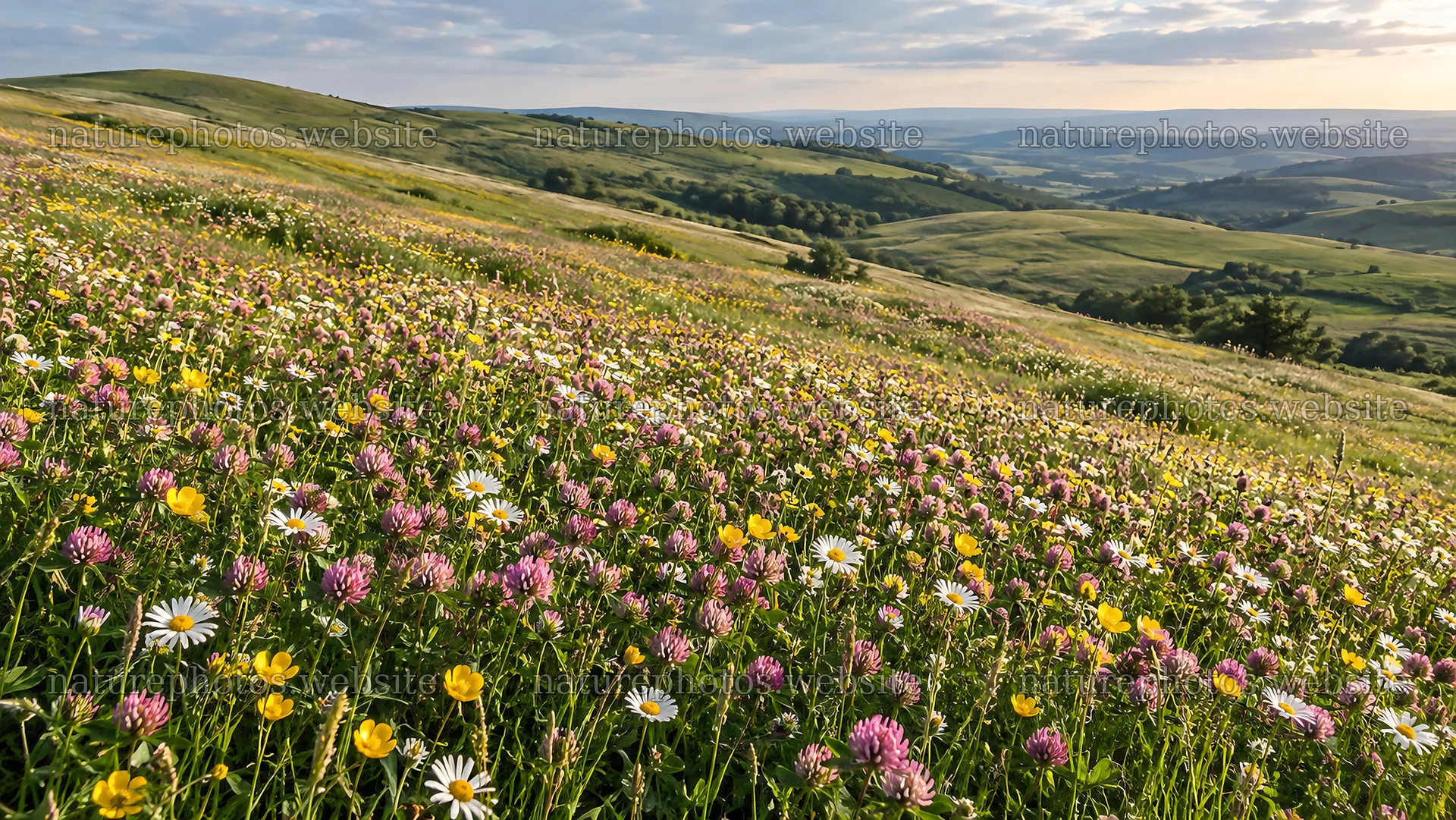 Wildflower Meadow Across Rolling Green Hills – nature photos 10324x5812