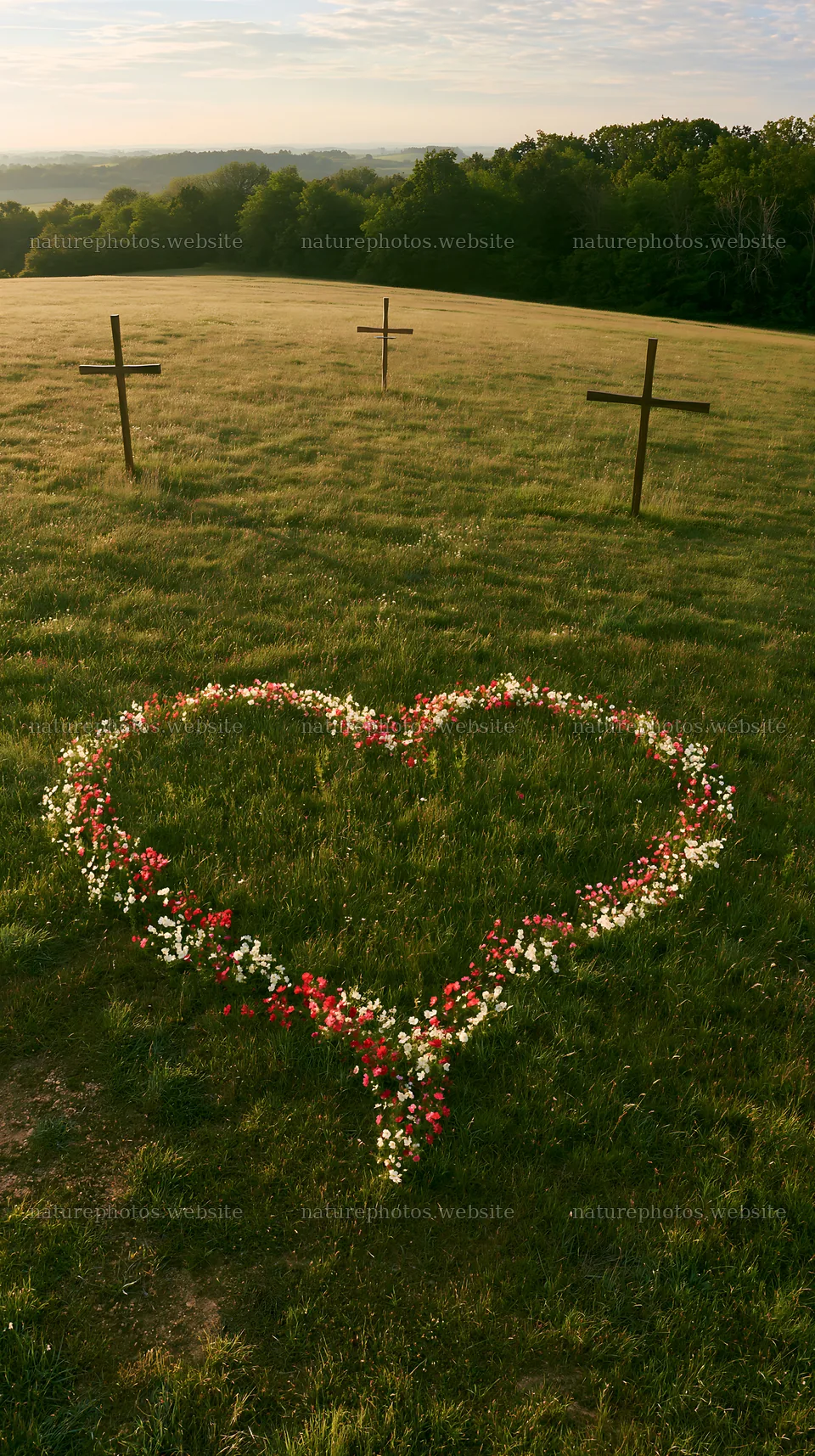 Three Christian crosses in a meadow with heart-shaped flowers – nature photos 5938x10608