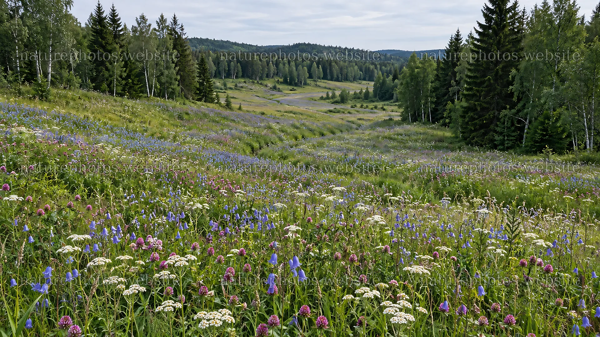 Wildflower Meadow in a Forested Valley – nature photos 10324x5812