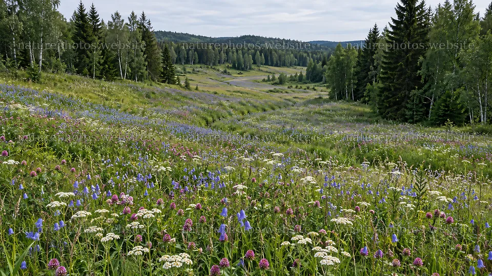 Wildflower Meadow in a Forested Valley – nature photos 10324x5812