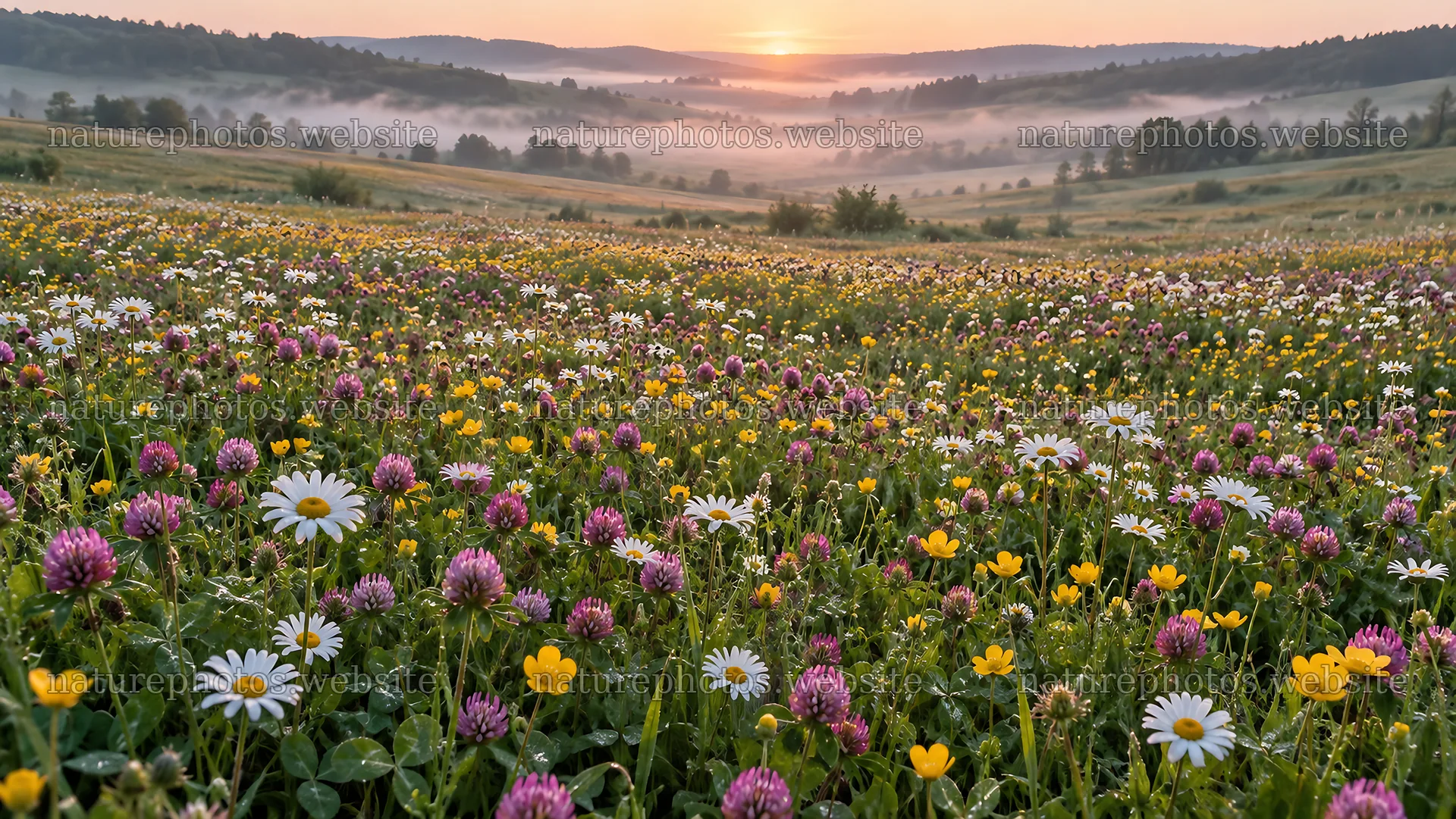Wildflower Meadow at Sunrise in Morning Mist – nature photos 10324x5812