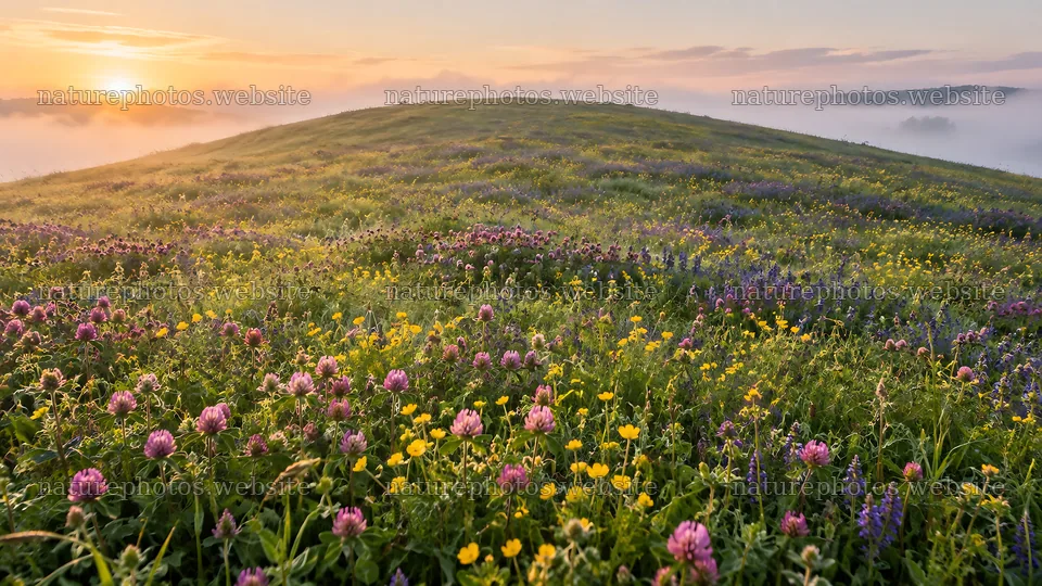 Colorful Wildflower Meadow in Morning Mist – nature photos 10324x5812