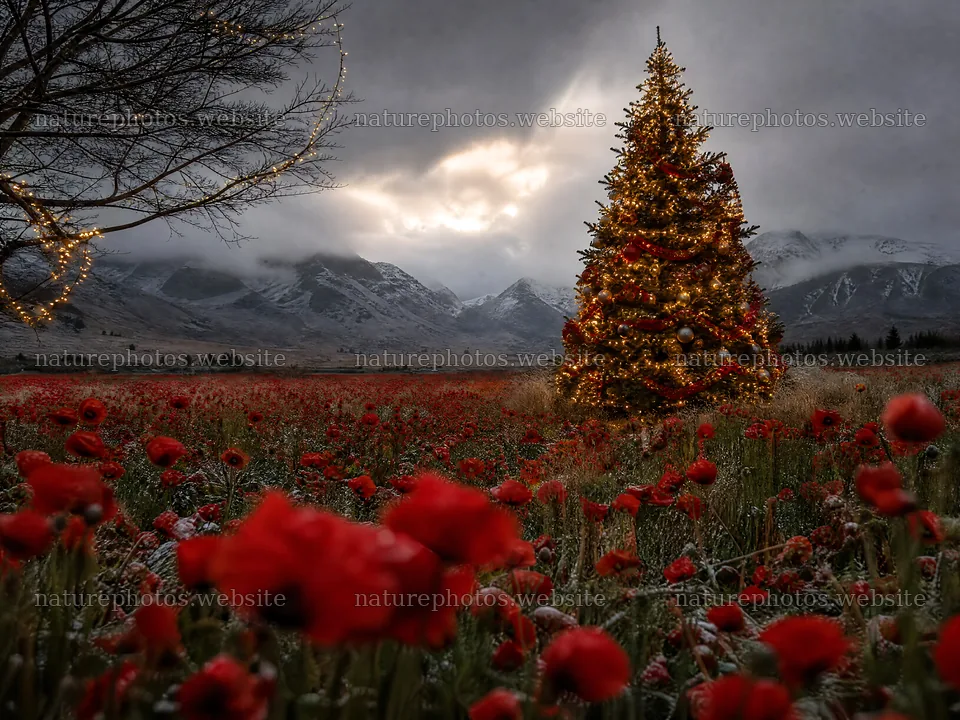 Vibrant Christmas tree standing in a winter meadow – nature photos 9166x6874