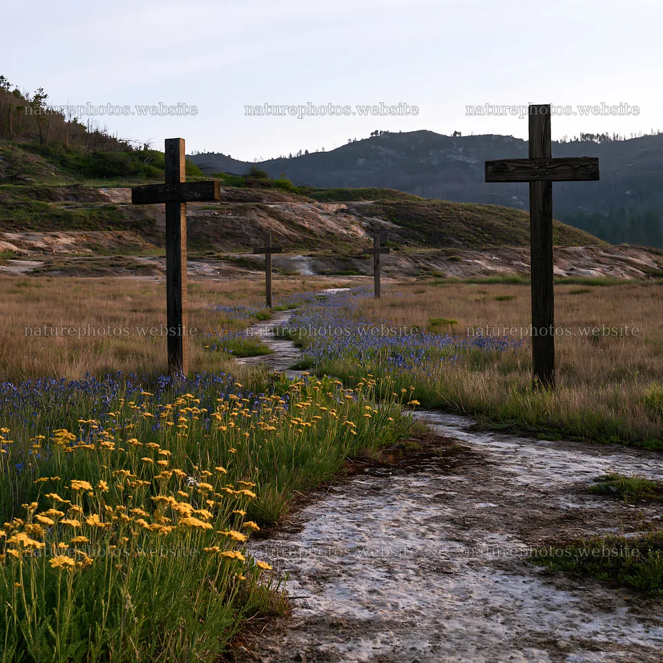Christian crosses near mineral spring meadow – nature photos 7938x7938