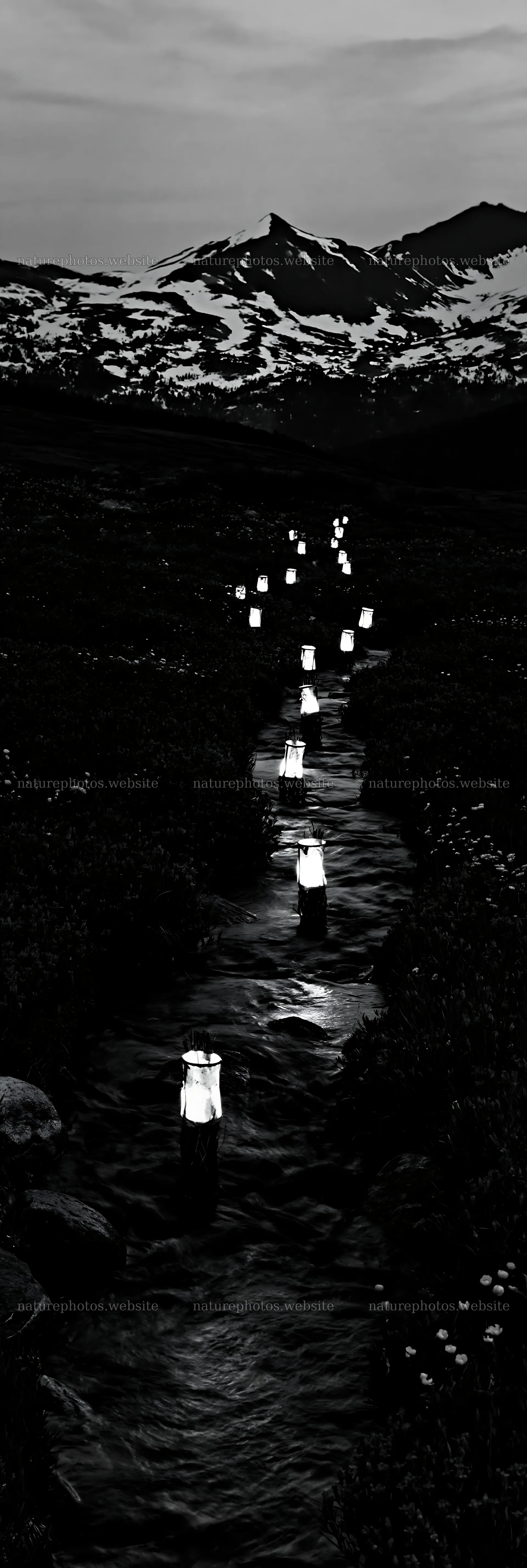 Christmas lights along stream in meadow at night – nature photos 4602x13690