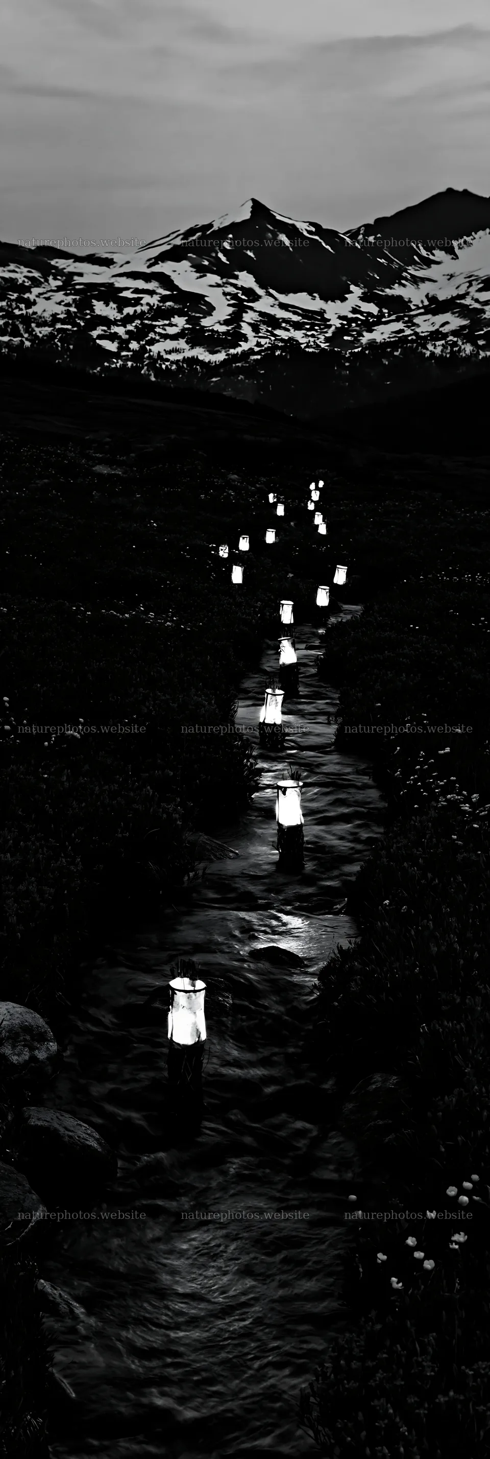 Christmas lights along stream in meadow at night – nature photos 4602x13690
