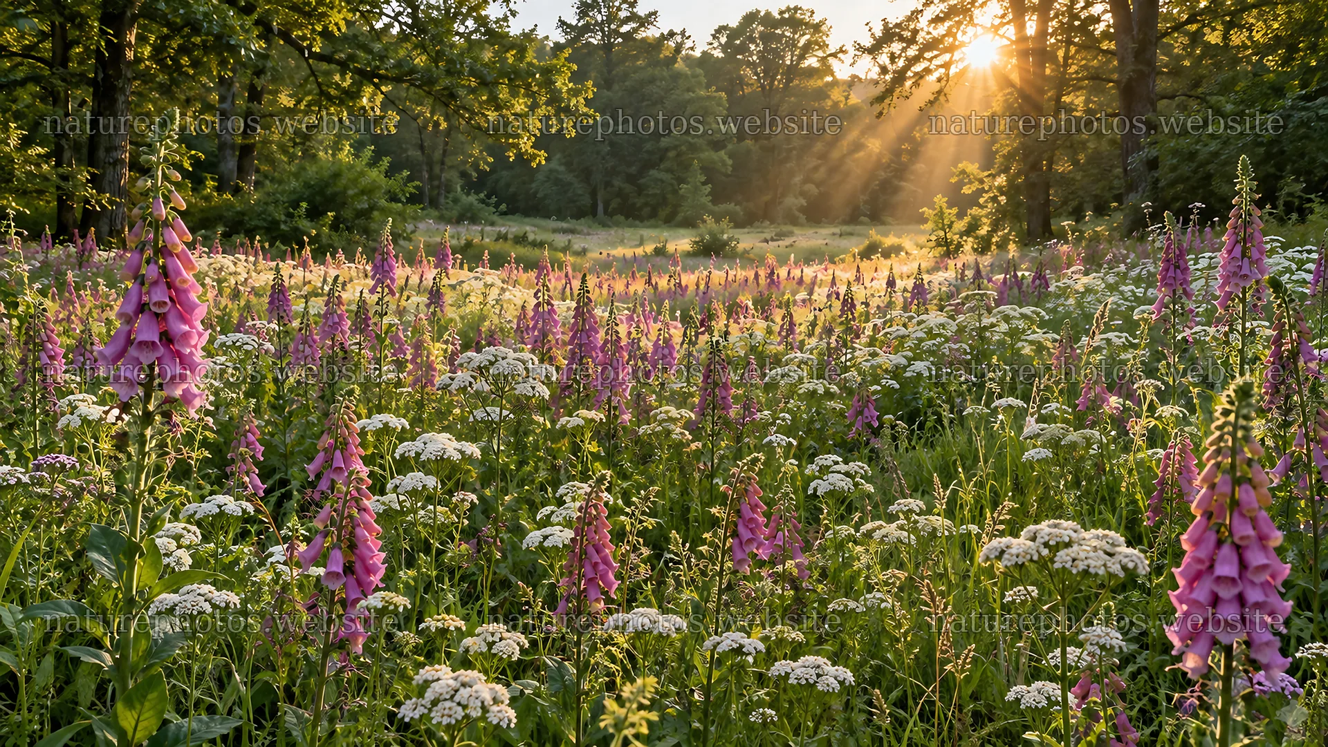 Sunbeams over a flower-filled forest clearing – nature photos 10324x5812