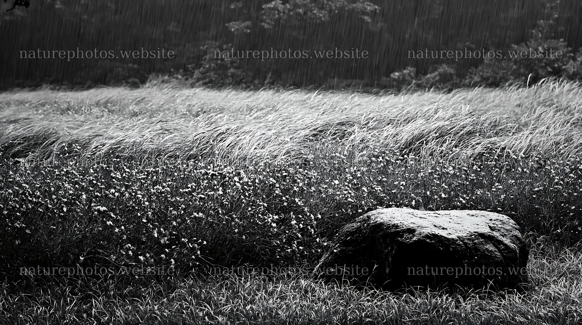Hiroshima meadow with raindrops on smooth rock and tall grass – nature photos 10608x5938