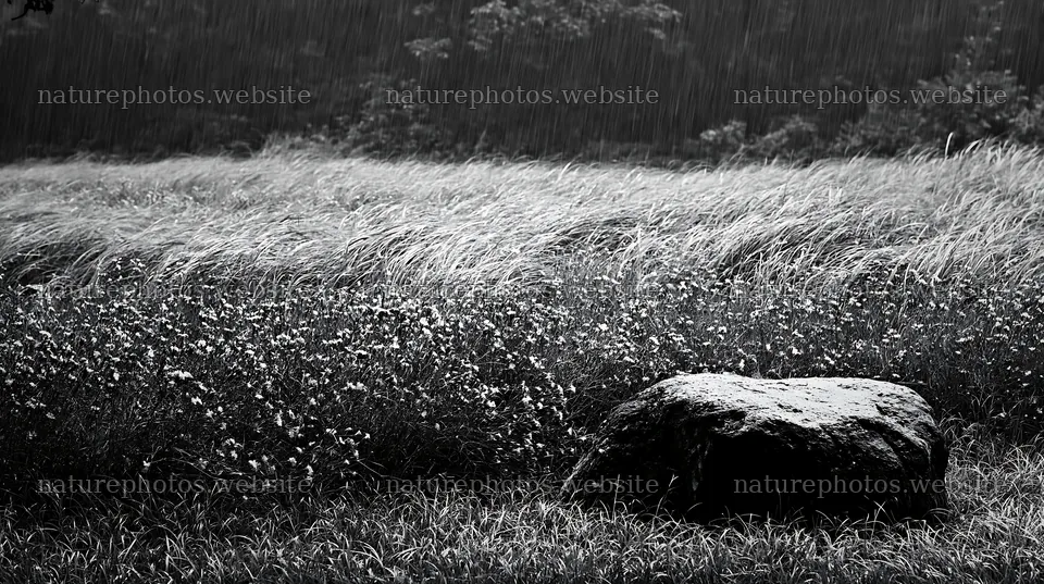 Hiroshima meadow with raindrops on smooth rock and tall grass – nature photos 10608x5938