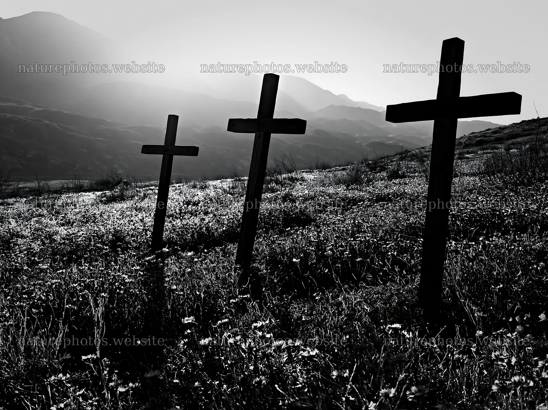 Three rustic crosses in Christmas meadow backlight – nature photos 9174x6866
