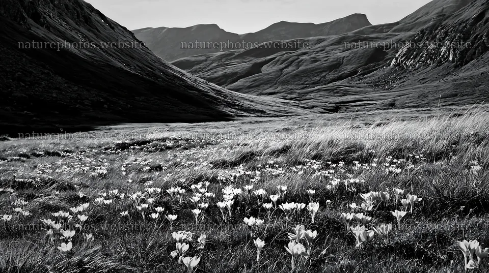 Meadow filled with crocuses in a valley landscape – nature photos 10608x5938