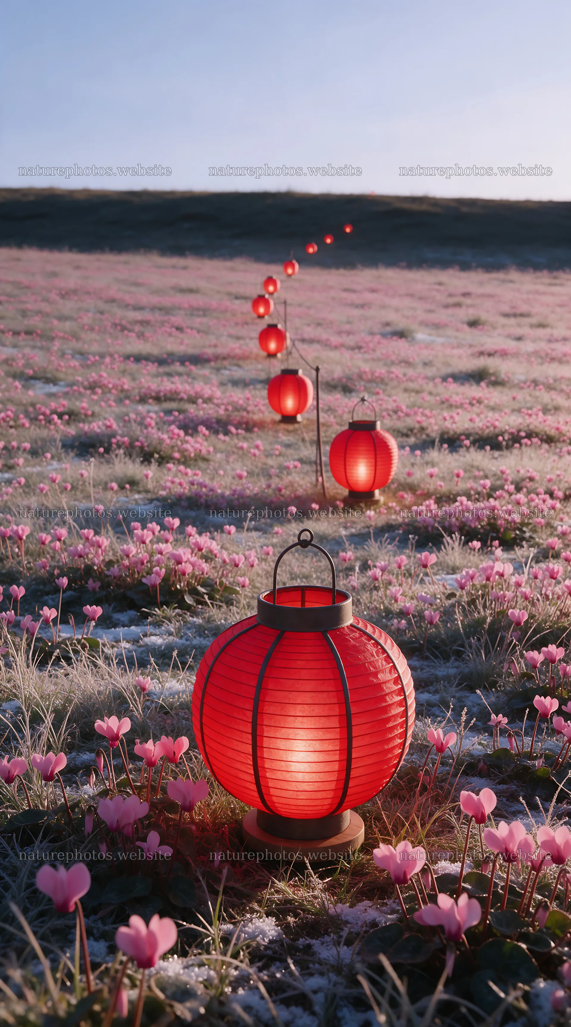 Vibrant Christmas lanterns lighting up a winter meadow – nature photos 5916x10648
