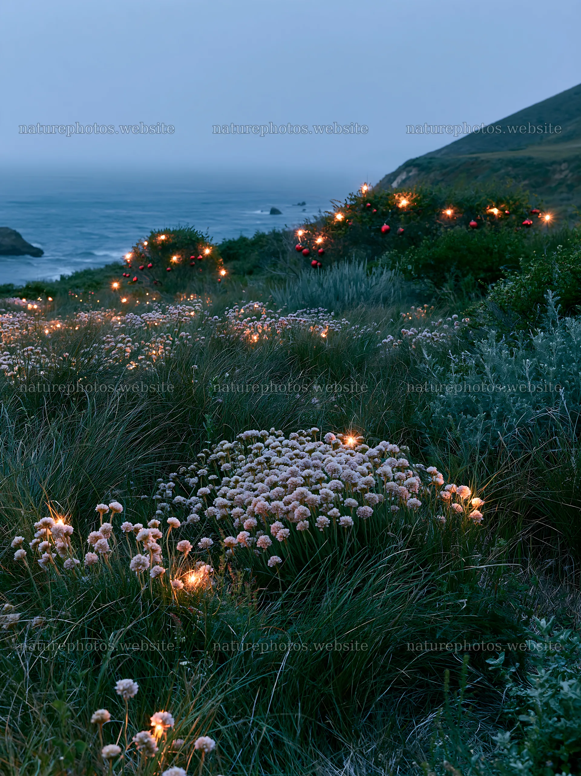Christmas decorations in meadow by rugged coast – nature photos 6866x9174
